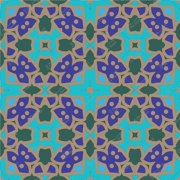 Islamic geometric design with blue, purple, and green colors.