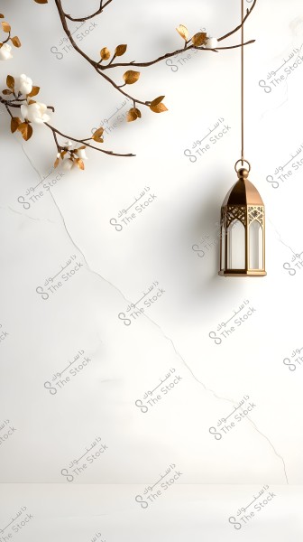 The image features a white marble-textured background with tree branches adorned with golden leaves and white flowers. Hanging from the top is a metallic gold lantern with an Eastern design.