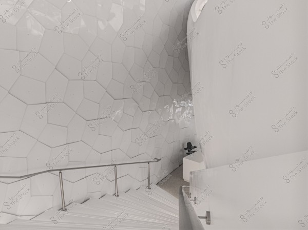 An interior scene showcasing a modern white staircase surrounded by walls decorated with pentagonal shapes. There is a metallic handrail running alongside the stairs. At the bottom, a black chair with a modern design and a small white table are visible.