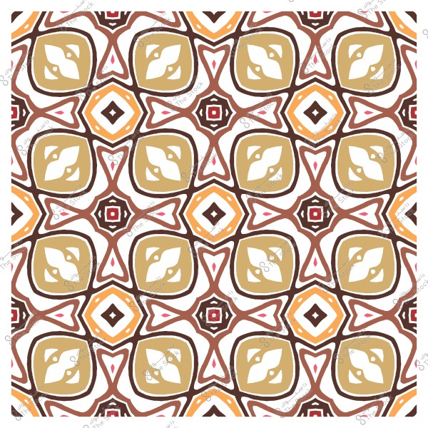 نمط هندسي بألوان بنية وبرتقالية وبنية فاتحة مع أشكال متكررة تضم مربعات ودوائر وزخارف نباتية.