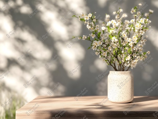 A speckled white vase holds small white flowers with green leaves, placed on a wooden surface. The background is neutral with soft tree shadows on a grey wall.