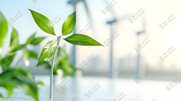 Image of a small green plant in the foreground, with shiny and bright leaves, appearing clear and modern. In the background, several wind turbines are visible, symbolizing sustainable energy and environmental balance. The background is blurry and gives a futuristic and calm impression.