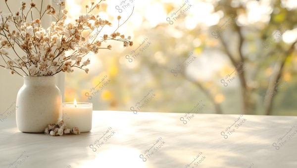 A white vase holding dried white flowers placed on a wooden table illuminated by soft sunlight. Next to it, a lit white candle. The background is blurred, featuring a tree and scattered leaves, creating a warm and cozy ambiance.