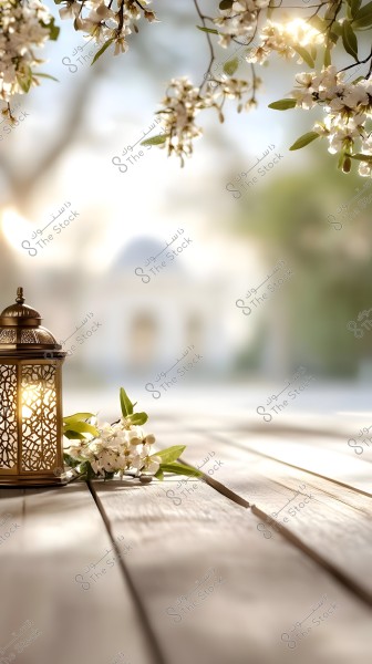 An ornate lantern emitting light on a wooden surface, surrounded by white flowers and green branches. The soft lighting creates a calm atmosphere, with a blurred background showing indistinct architectural features.
