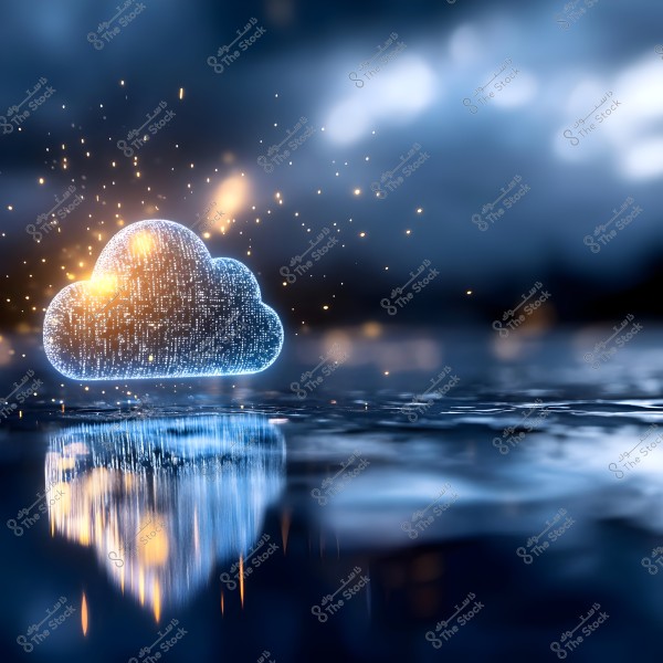 An image depicting a glowing digital cloud with sparkling effects on a reflective water surface, with bright particles scattered in the air. The background features shades of dark blue with some blurry lights, adding a mysterious and technological atmosphere.
