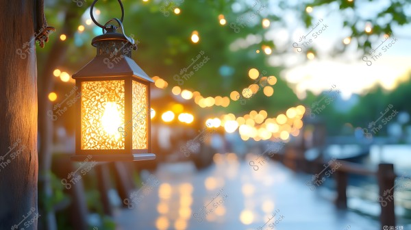 An image featuring a lit metal lantern hanging on a tree trunk, glowing with intricate decorative patterns. In the background, a row of glowing lights lines a riverside walkway bathed in warm natural light during sunset or twilight. Green trees and a blue sky appear blurred in the background, providing a serene and romantic atmosphere to the scene.