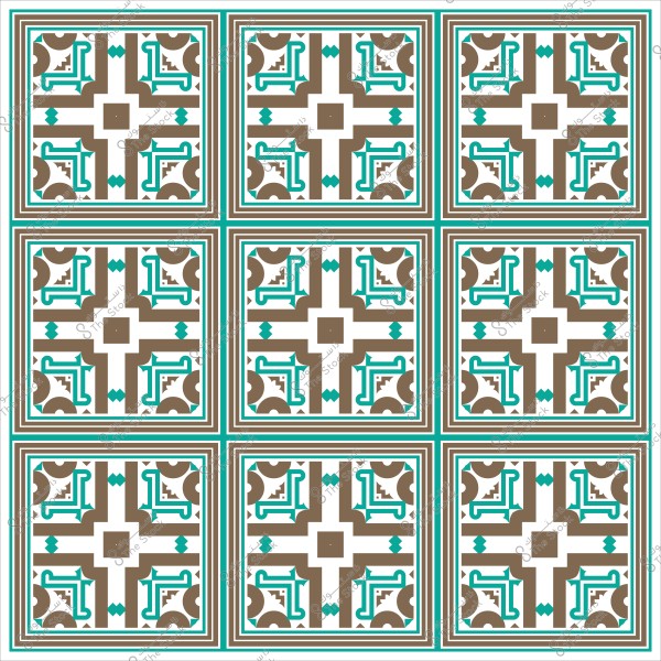 نمط زخرفي مكرر من البلاط الهندسي يتميز بألوان البني والأزرق على خلفية بيضاء.