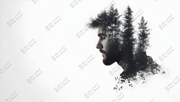 Artistic image of a man with his facial features blended with pine trees, creating a double exposure effect between the man\'s face and the trees. The background is pure white, highlighting the contrast between the dark tones of the man\'s face and the trees.