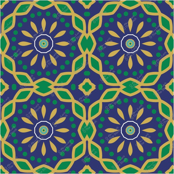 نمط هندسي ذو تصميم زخرفي ملون بألوان الأزرق, الأخضر والذهبي.