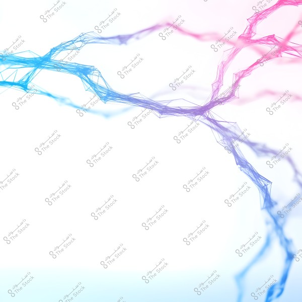 Interwoven geometric lines and shapes in blue and pink on a white background, spreading across the image in an organic pattern resembling branches or intricate designs.