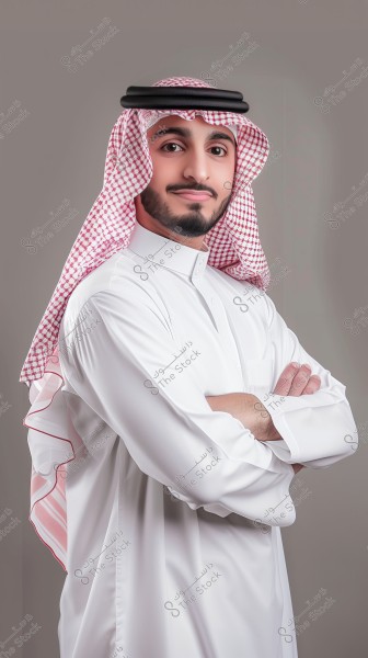 A portrait of a man wearing traditional Saudi attire, consisting of a white thobe, a red-checkered ghutra, and a black agal. The man stands with arms crossed against a gray background.