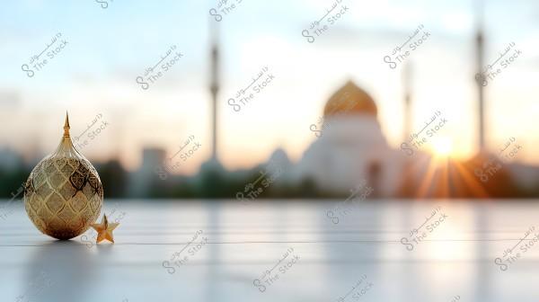 The image shows a decorative golden piece shaped like a dome with intricate designs next to a small golden star, placed on a marble or similar surface. The background fades with a sunset behind a building featuring a dome and minarets, suggesting a possible Islamic scene, likely of a mosque.