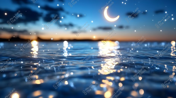 A nighttime scene of a body of water reflecting twinkling lights on its surface, with an evening sky adorned by clouds and a glowing crescent moon. Stars and a glow appear on the horizon, creating a serene and enchanting atmosphere.