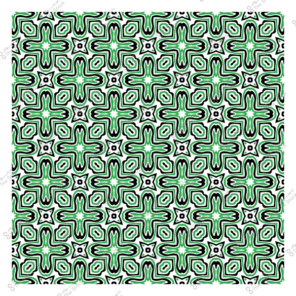 Symmetrical geometric pattern in black and green with a repetitive design on a white background.