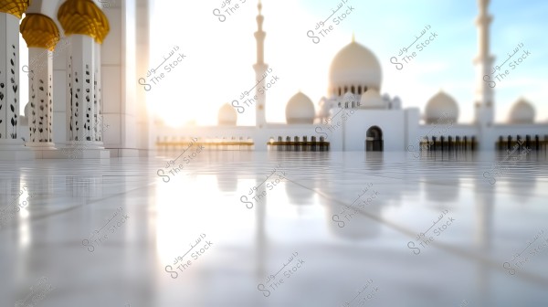 Image of a scene from a grand mosque built with white marble and intricate decorations, featuring columns with floral designs and golden domes. The sun is setting behind the mosque, illuminating the large shiny courtyard.