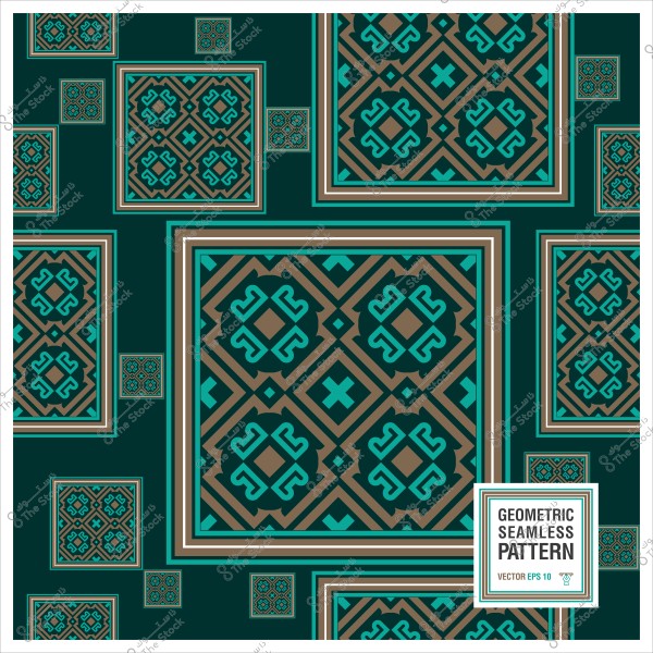 Geometric seamless pattern with brown, green, and blue colors on a dark background.