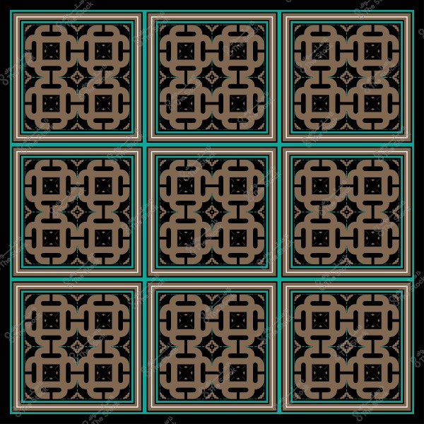 Square design featuring an Arabic ornamental pattern in brown with blue lines