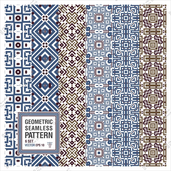 صورة تحتوي على ستة أنماط هندسية متكررة بألوان زرقاء وبنية, مكتوب عليها "نمط هندسي متكرر, مجموعة من 6, ملف فيكتور EPS 10".