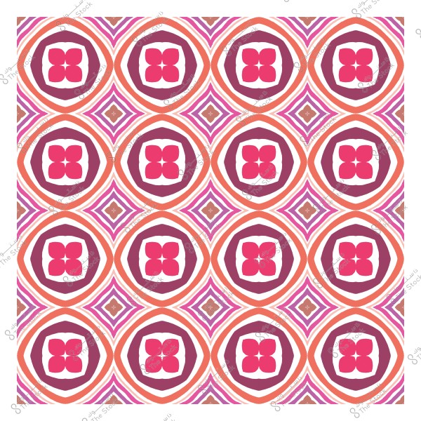 Geometric decorative pattern with pink and orange colors, consisting of circular and square shapes featuring an internal floral design.