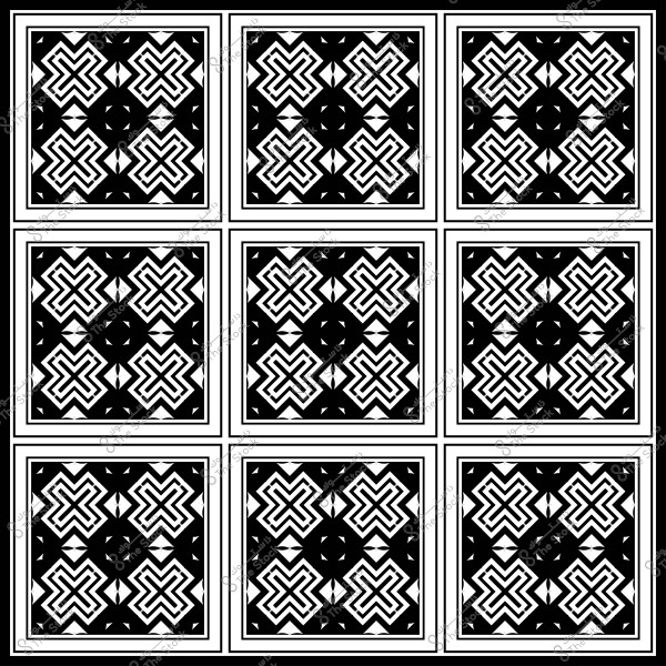 نمط هندسي بالأبيض والأسود يشكل تصميمًا متماثلًا في تسعة مربعات متكررة.