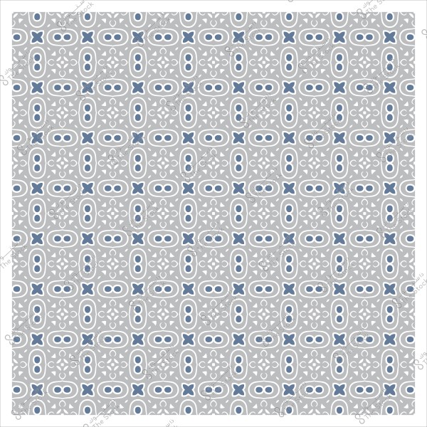 نمط هندسي مكرر بأشكال بيضاوية وعناصر نباتية وزخارف بينية بألوان الأزرق الفاتح والرمادي.