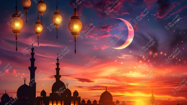 An image of a sunset with warm colors in the sky, a crescent moon appears in the upper right corner. Several illuminated lanterns are hanging at the top of the image, with mosque minarets visible below, while star lights scatter across the sky.
