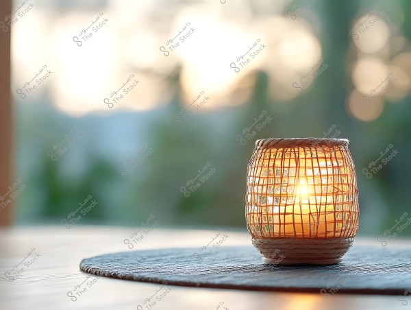 Image of a candle placed inside a woven wicker holder, emitting a warm glow on a table. The background is blurred with soft natural colors, giving the image a calming and relaxing atmosphere.