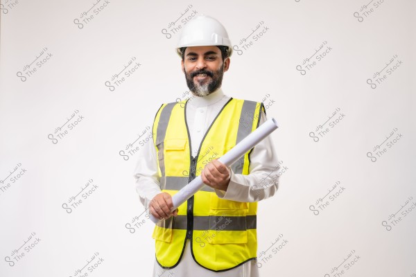 Portrait of a man wearing a white thobe, a yellow reflective vest, and a white hard hat, holding an engineering blueprint. The clothing appears traditional, suggesting a region in the Arabian Peninsula.