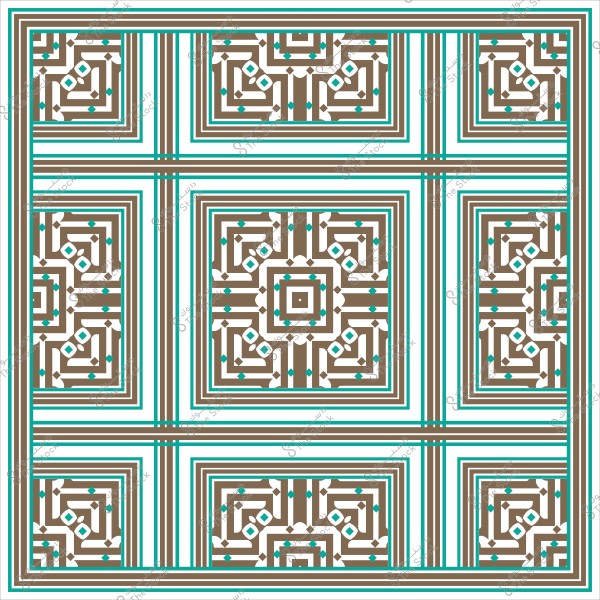 تصميم هندسي بزخارف متكررة بأشكال مربعة وخطوط متقاطعة بألوان بنية وبيضاء وزرقاء.