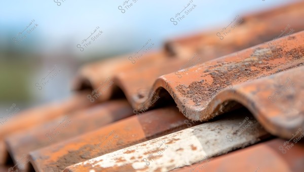 Close-up image of clay or painted metal roof tiles in brown, showing details of rust and decay. The background is blurred with shades of blue and green.