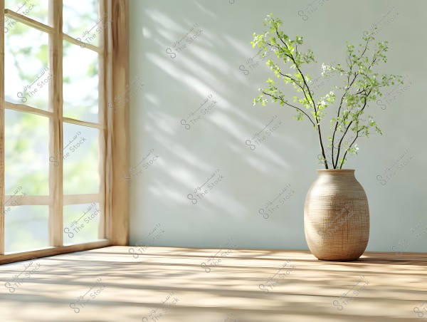 The image shows a simple ceramic vase in a light brown color placed on a wooden floor next to an open window. Small green branches extend from the vase, and the sunlight streaming through the window creates beautiful shadows on the floor and walls.