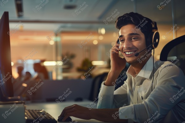 An image of a man wearing a headset working on a computer in a modern office. He is dressed in a white shirt and smiling as he appears to be speaking with someone through the headset. In the background, several people can be seen in a warmly lit office environment.