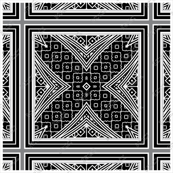 نمط زخرفي أبيض وأسود بتصميم هندسي متماثل ومعقد يتكون من خطوط وأشكال وزخارف صغيرة.