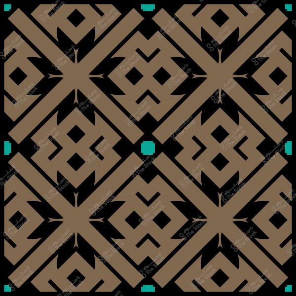 Decorative geometric pattern in brown and black with turquoise accents.