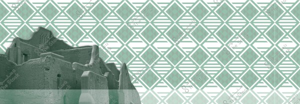 An image depicting an old traditional building made of mud with distinctive Arabic architectural elements, visible in the foreground. The background consists of a geometric pattern in light green and white forming a diamond shape.