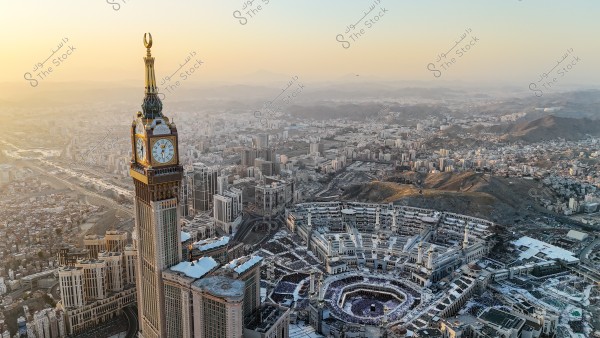 Aerial view Mecca skyline , Masjid Al Haram drone photo - Muslim pilgrims perform hajj and umra , Makkah city Saudi Arabia - Ramadan 1446