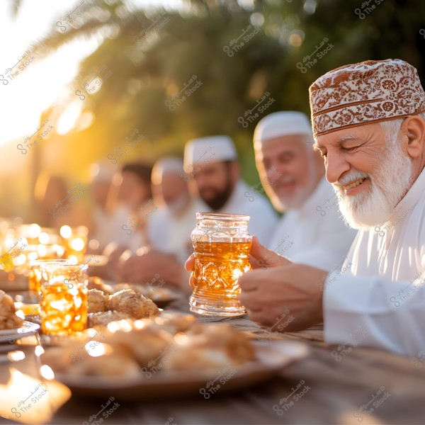 A group of men sitting at a long outdoor table, with one holding a glass jug filled with amber-colored beverage. The men are wearing traditional clothing, including white robes and head coverings. The sun is setting in the background, casting a warm light over the scene. The setting appears to be a social gathering.