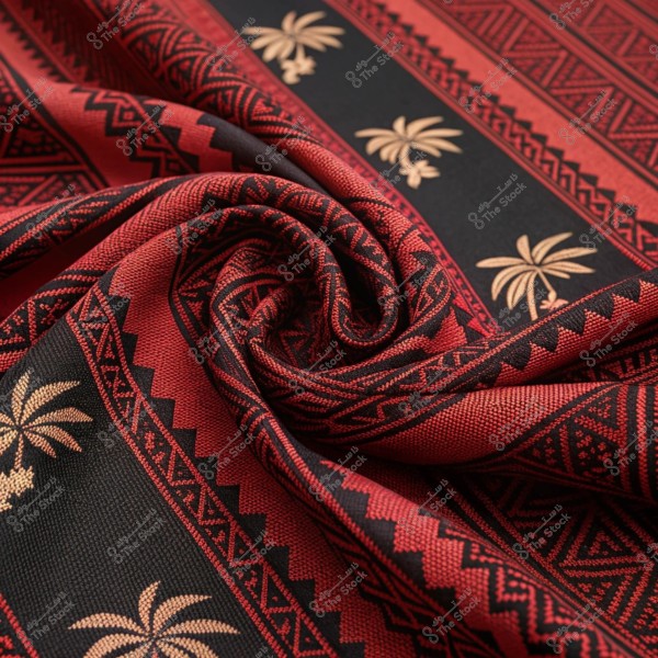 صورة لنسيج بألوان حمراء وسوداء مزينة بنقوش هندسية وأشجار النخيل. التصميم يتميز بترتيب متناسق من الأشكال الهندسية باللون الأحمر على خلفية سوداء, مع لمسات لأشجار النخيل الذهبية تضيف جاذبية بصرية.