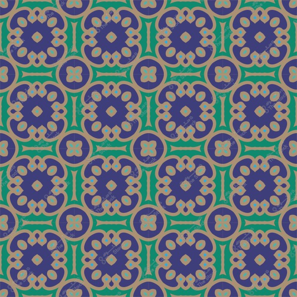 Symmetrical decorative pattern with multiple colors including purple, green, and beige, resembling traditional Islamic designs.