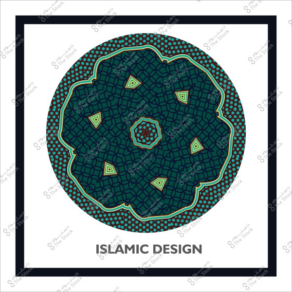 تصميم دائري مزخرف بأسلوب إسلامي باللونين الأخضر والأزرق مع تفاصيل هندسية.