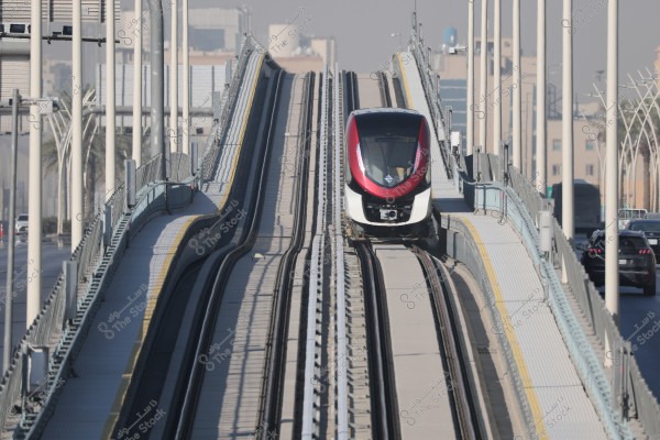 The image shows a modern train traveling on an elevated railway track in the middle of a city. The train has a sleek design in red and black colors. Palm trees and urban buildings appear in the background, suggesting a sunny day with clear skies.