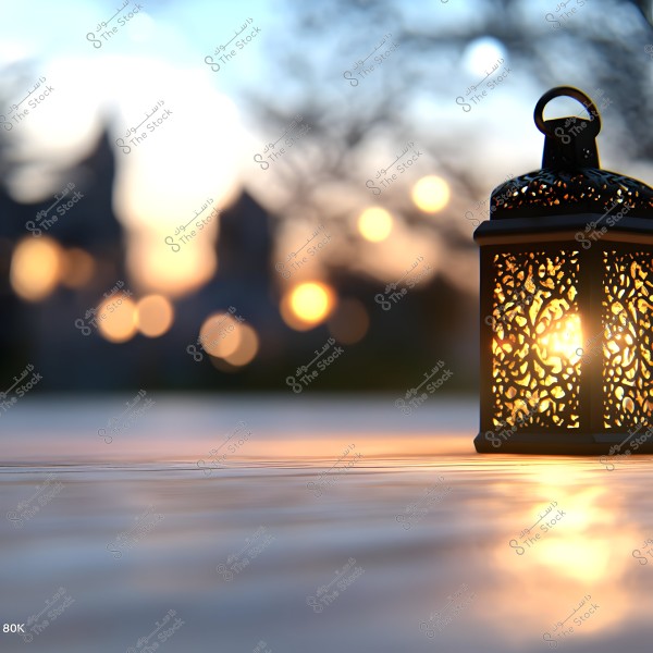 An ornate metal lantern with warm lighting placed on a flat surface against a blurred background of a sunset. The lantern shows intricate design details, and the lights in the background add a calm and soothing atmosphere.