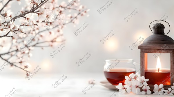 A scene depicting a branch of blooming white flowers with a cup of tea beside a wooden lantern lit with a candle, set against a soft, blurred background.