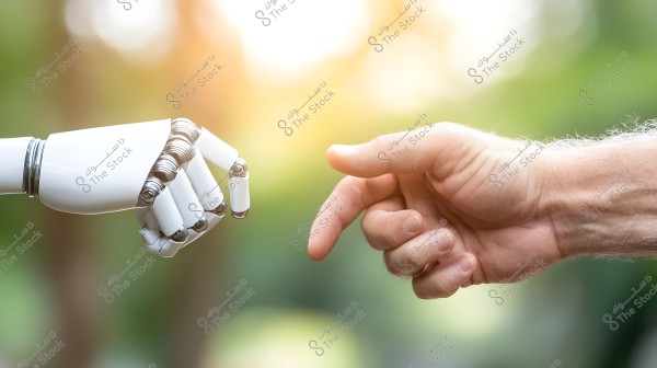 An image showing a human hand and a robot hand reaching towards each other in a style reminiscent of the \"Creation of Adam\" painting. The robot hand is made of white materials with mechanical joints, while the human hand appears natural and is positioned to touch the robot. The background is a soft natural light with blurred green colors.