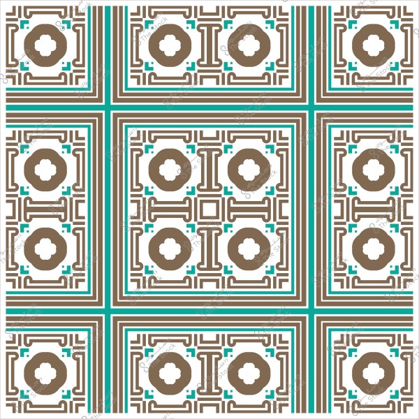 تصميم هندسي مزخرف ببلاط بألوان بنية وزرقاء وخلفية بيضاء.