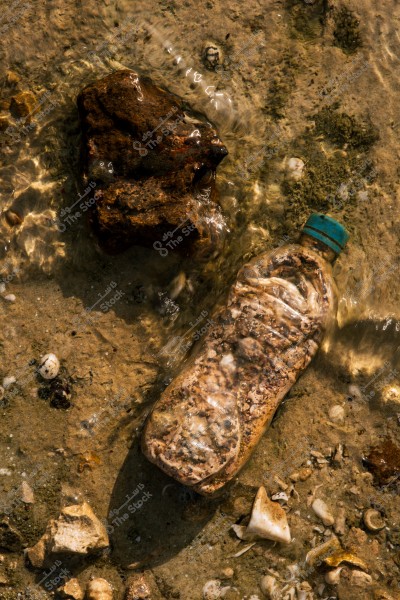 An old plastic bottle lies on the sandy beach next to a large rock. The blue cap of the bottle is visible, with sand and shells attached due to the surrounding water movement.