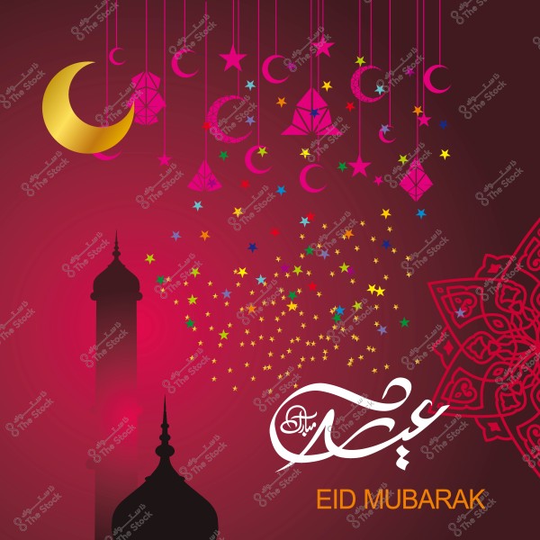 تصميم ملون للاحتفال بعيد الأضحى يظهر قمرًا وهلالًا ونجومًا وفوانيس وزخارف إسلامية مع عبارة \"عيد مبارك\".