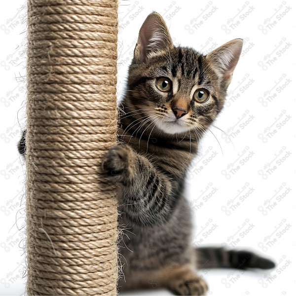 A small brown-striped kitten holding onto a wooden post covered with jute rope. by AI