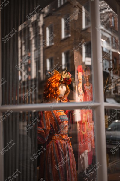 Store window display showing a mannequin wearing a brightly colored dress with a flower crown, with reflections of buildings in the glass.