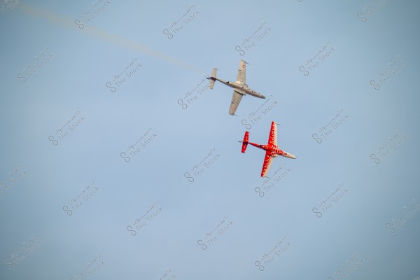 Two airplanes flying in the sky. The first plane is white with red symbols, while the second is red with white spots. The designs are unique and intricate, suggesting they might be part of an air show. The image shows a light blue sky in the background.